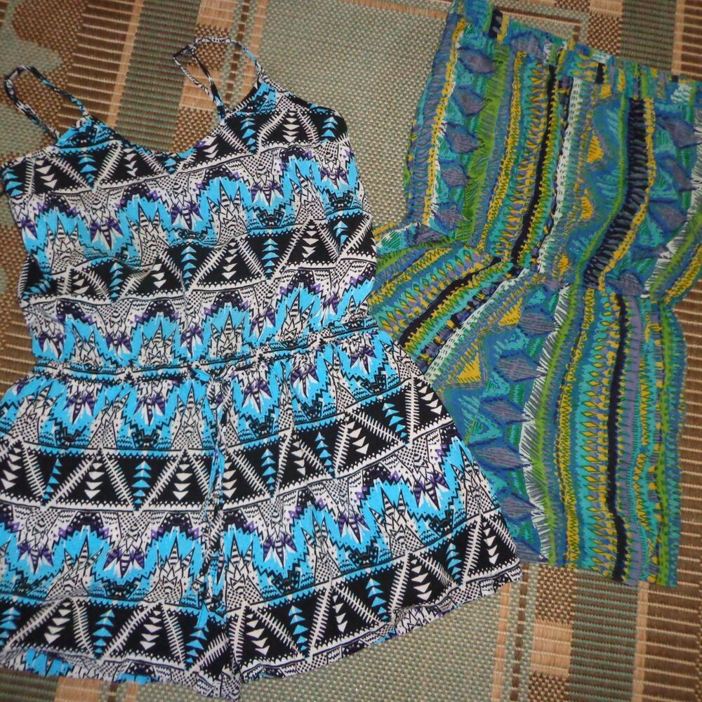Lot of 2 Rompers SP/S Aztex Design Blues/Greens Elastic Waist See Details